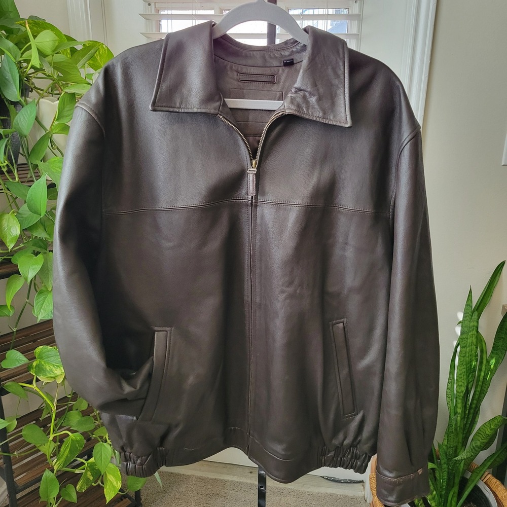 VTG Roundtree & Yorke Mens XL Brown Genuine Leather Bomber Jacket Full Zip Lined